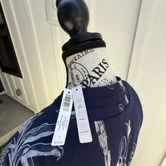 Soma Serenity Maxi Dress Navy Floral Print L Built-in Bra Cool Touch Pockets - Picture 12 of 15